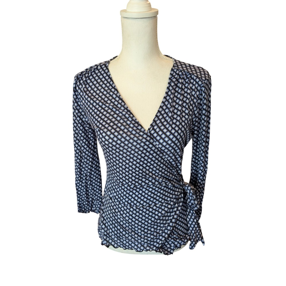 Banana Republic Wrap Top Black White Geometric Diamond Side Tie V-Neck Size M